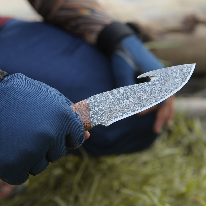 Python Damascus Handle - Python Damascus Gut Hook Knife with Exotic Leopard Wood &amp; Turquoise Handle - Shokunin USA