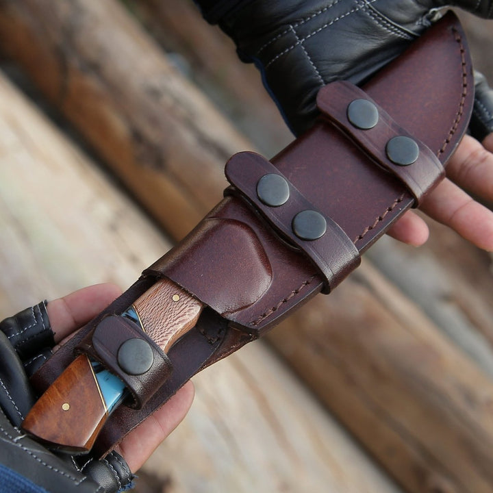 Python Gut knives - Python Damascus Gut Hook Knife with Exotic Leopard Wood &amp; Turquoise Handle - Shokunin USA