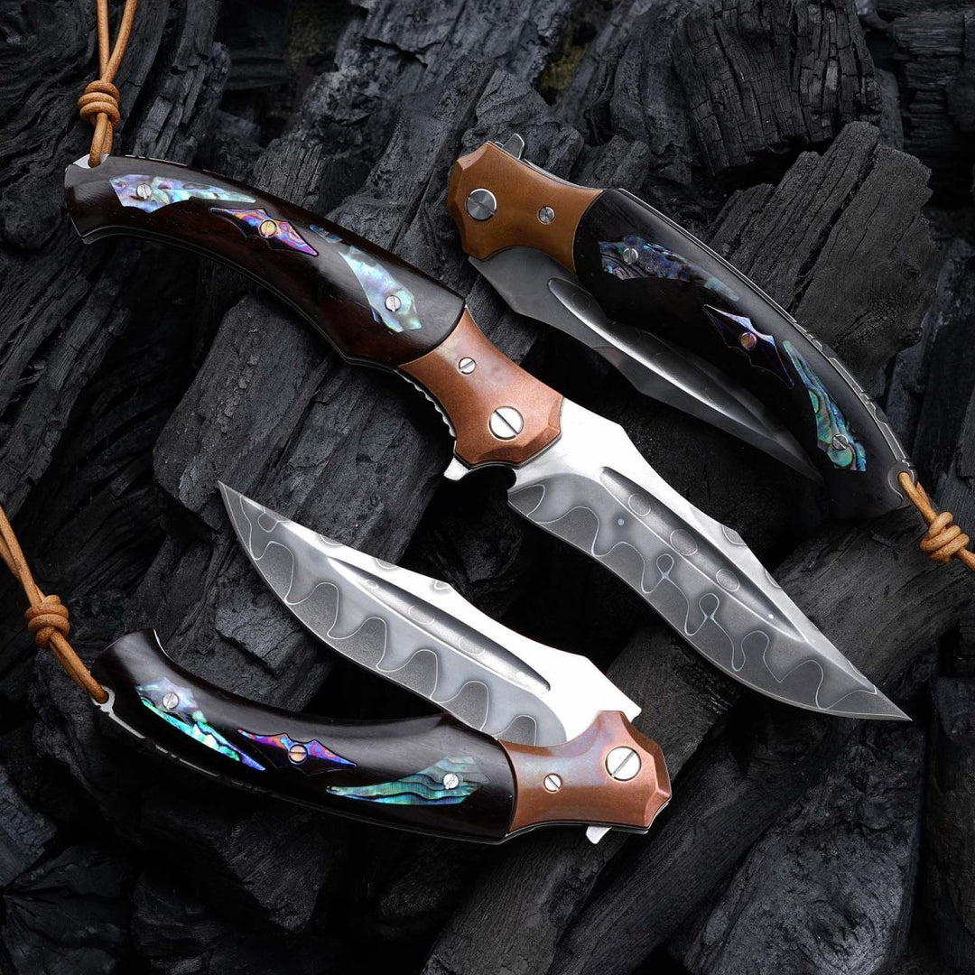 Quest Pocket Handle - Quest Damascus Pocket Knife with Ebony Wood, Timascus &amp; Abalone Shell Handle - Shokunin USA