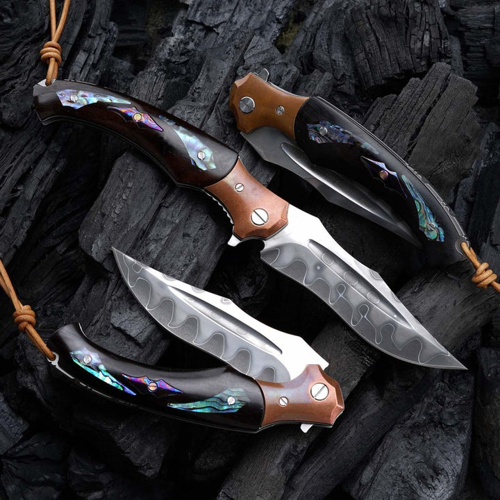 Quest Pocket Handle - Quest Damascus Pocket Knife with Ebony Wood, Timascus &amp; Abalone Shell Handle - Shokunin USA