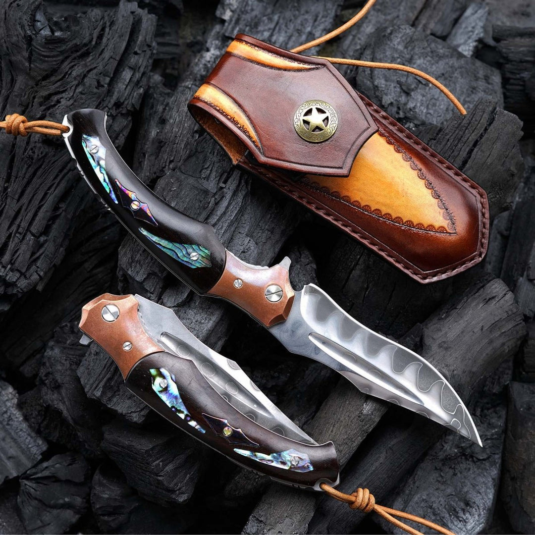 timascus knife - Quest Damascus Pocket Knife with Ebony Wood, Timascus &amp; Abalone Shell Handle - Shokunin USA