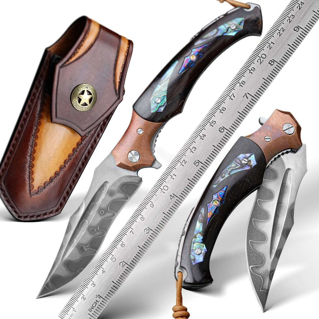Quest Damascus Pocket Knife with Ebony Wood, Timascus & Abalone Shell Handle - Shokunin USA