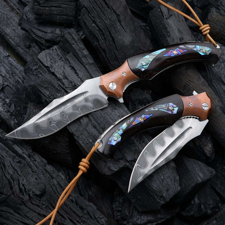 knives with engraving - Quest Damascus Pocket Knife with Ebony Wood, Timascus &amp; Abalone Shell Handle - Shokunin USA