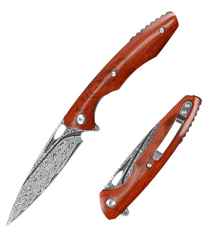 Quicksilver Damascus Handle - Quicksilver Handmade Japanese Damascus Pocket Knife with Exotic Red Sandalwood - Shokunin USA