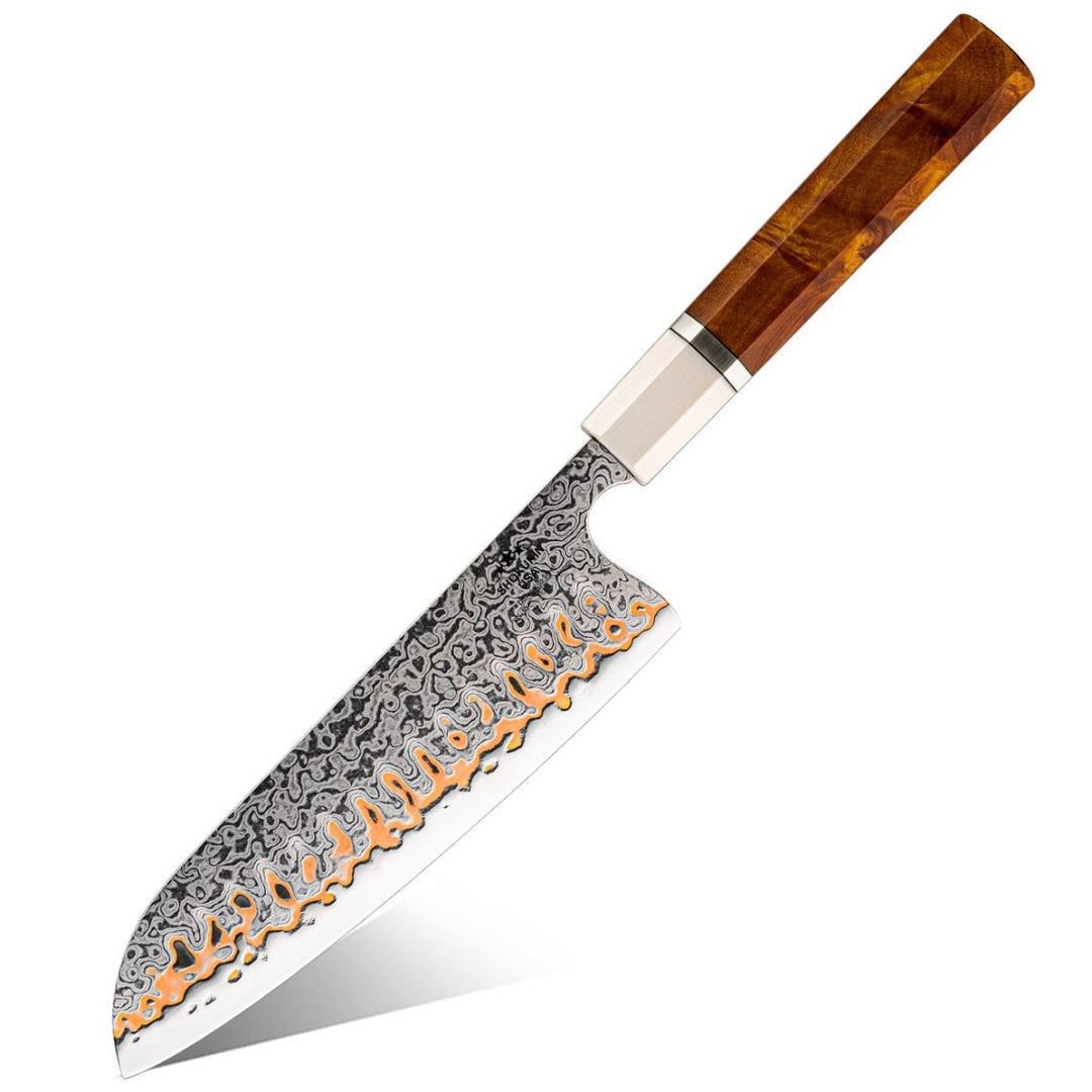 damascus santoku knife - Raiden Handmade Japanese Santoku Knife - Exotic Rosewood Burl Composite Handle - Shokunin USA