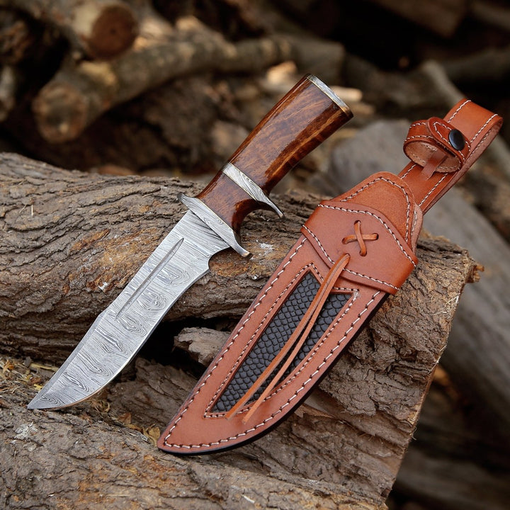 raider bowie knife - Raider Damascus Steel Bowie Knife with Exotic Rose Wood Handle &amp; Sheath - Shokunin USA