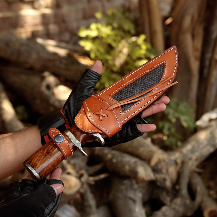 Raider Steel Knife - Raider Damascus Steel Bowie Knife with Exotic Rose Wood Handle &amp; Sheath - Shokunin USA