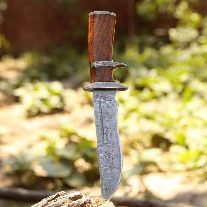 Raider Damascus Handle - Raider Damascus Steel Bowie Knife with Exotic Rose Wood Handle &amp; Sheath - Shokunin USA