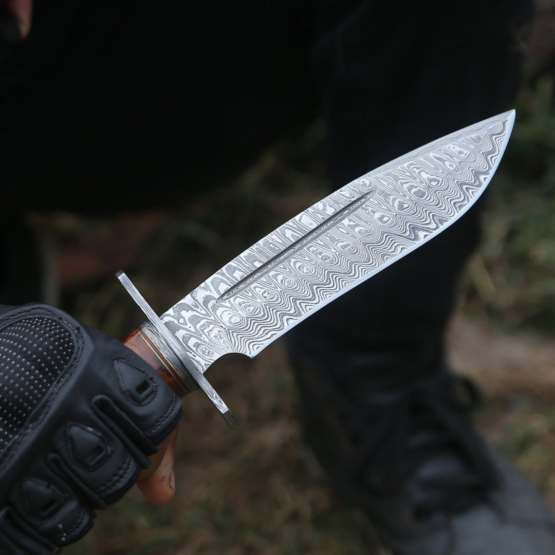 Rambo Knife Handle - Rambo Bowie Knife with Exotic Rosewood &amp; Stacked Leather Handle - Shokunin USA