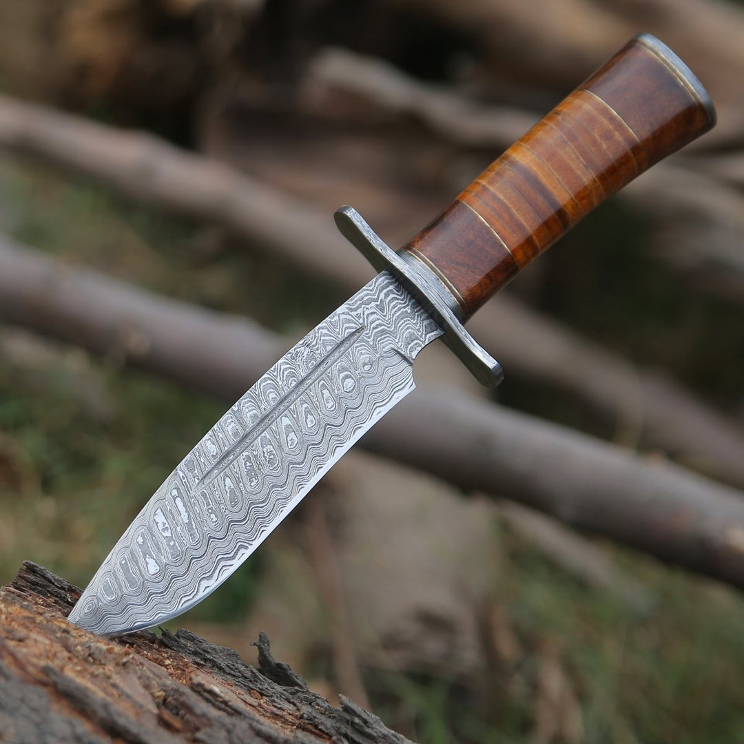 Rambo Knife Leather - Rambo Bowie Knife with Exotic Rosewood &amp; Stacked Leather Handle - Shokunin USA