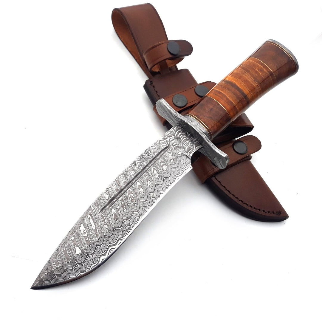 Rambo Bowie Handle - Rambo Bowie Knife with Exotic Rosewood &amp; Stacked Leather Handle - Shokunin USA