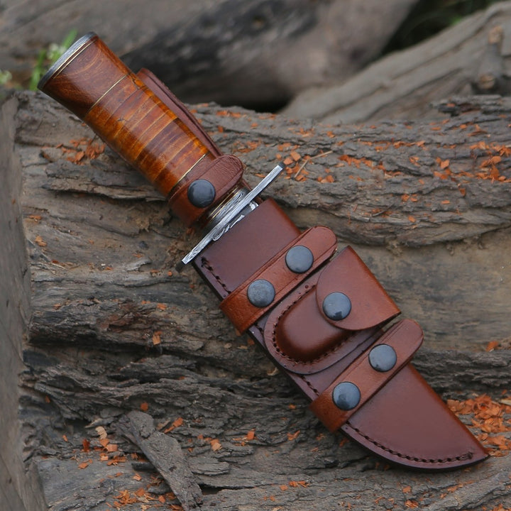 Rambo Rosewood Leather - Rambo Bowie Knife with Exotic Rosewood &amp; Stacked Leather Handle - Shokunin USA