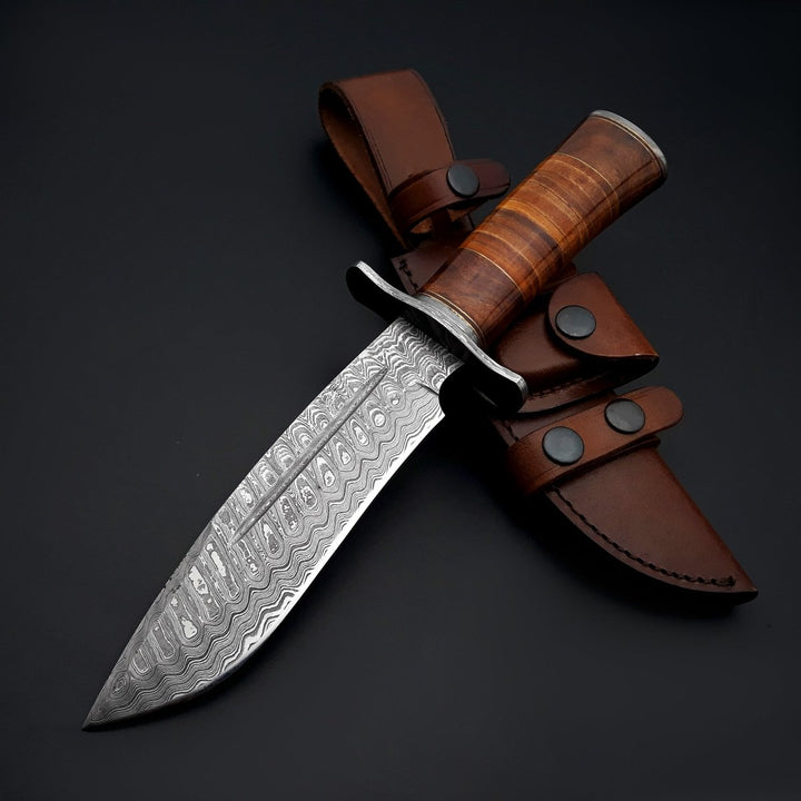 Rambo Bowie Leather - Rambo Bowie Knife with Exotic Rosewood &amp; Stacked Leather Handle - Shokunin USA