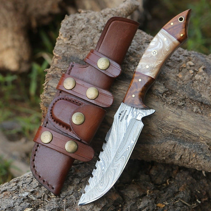 Ravager Damascus Knife - Ravager Handmade Damascus Knife with Mother of Pearl Resin &amp; Rosewood Handle - Shokunin USA