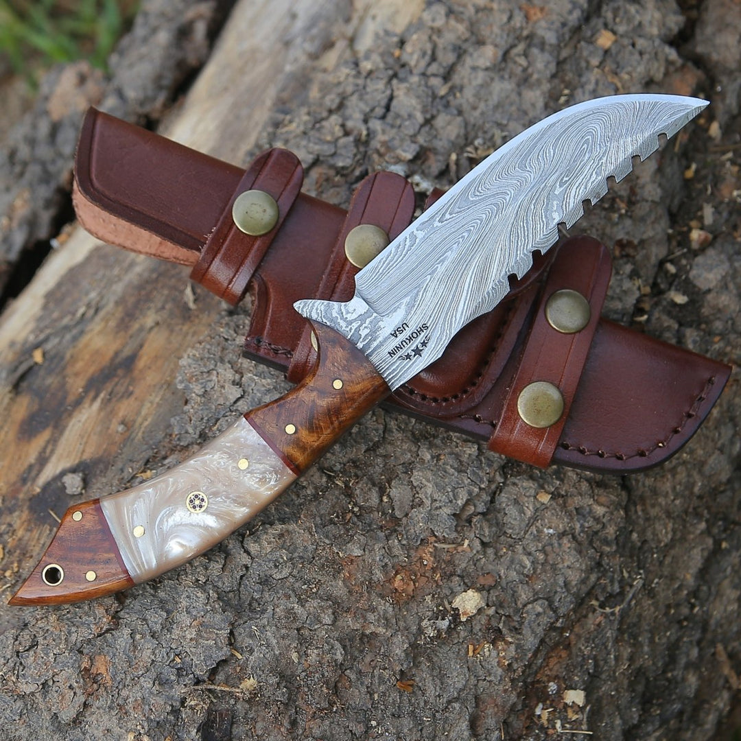 Ravager Knife Handle - Ravager Handmade Damascus Knife with Mother of Pearl Resin &amp; Rosewood Handle - Shokunin USA