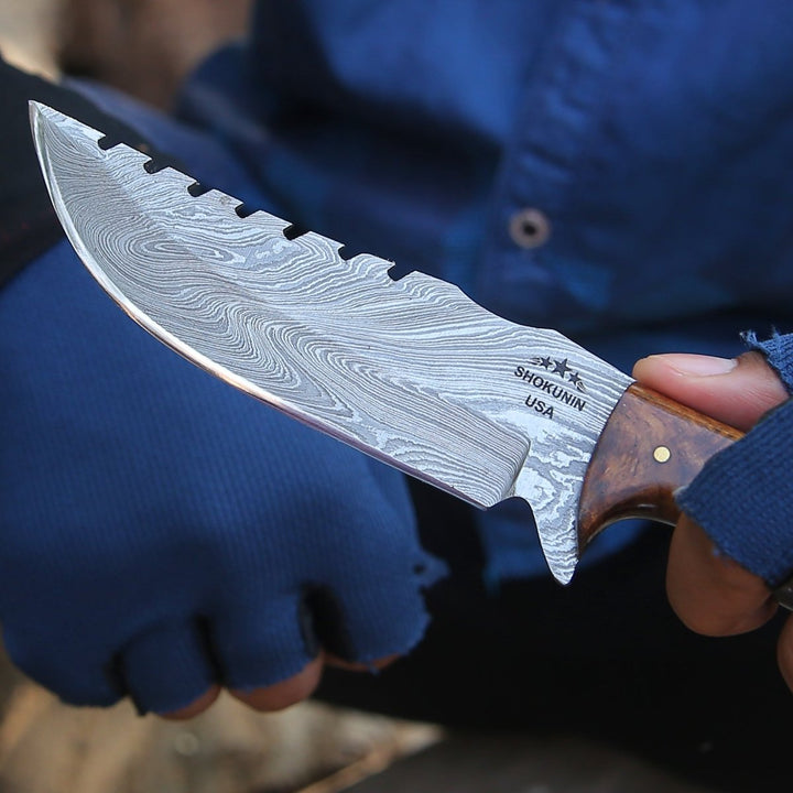 Ravager Knife blade - Ravager Handmade Damascus Knife with Mother of Pearl Resin &amp; Rosewood Handle - Shokunin USA