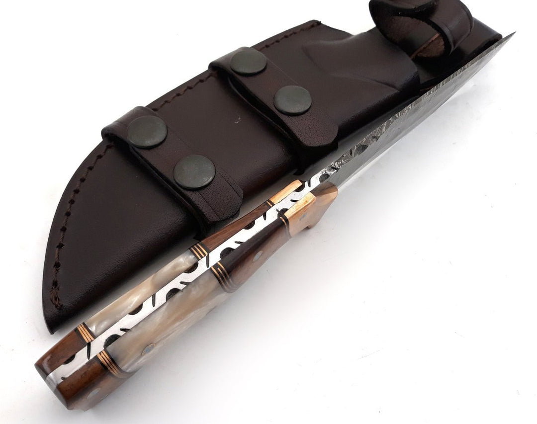 Reaper Mother Handle - Reaper Damascus Hunting Knife with Mother of Pearl, Exotic Rose Wood and Copper Handle - Shokunin USA