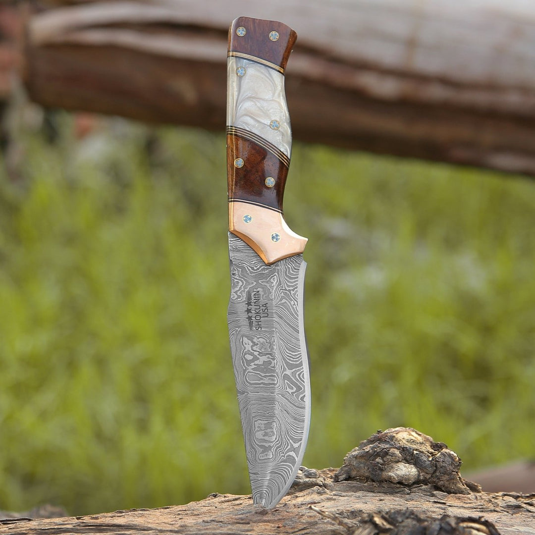 Reaper Damascus Handle - Reaper Damascus Hunting Knife with Mother of Pearl, Exotic Rose Wood and Copper Handle - Shokunin USA