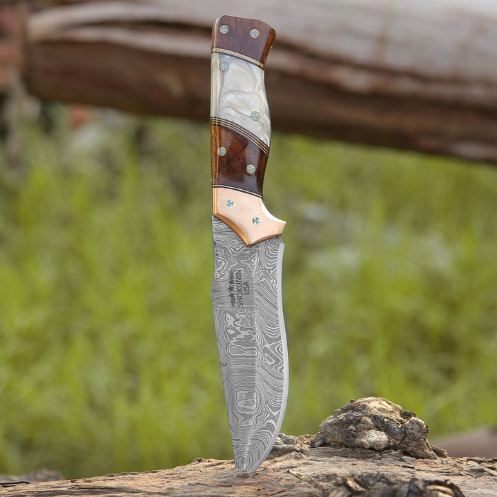 Reaper Damascus Handle - Reaper Damascus Hunting Knife with Mother of Pearl, Exotic Rose Wood and Copper Handle - Shokunin USA