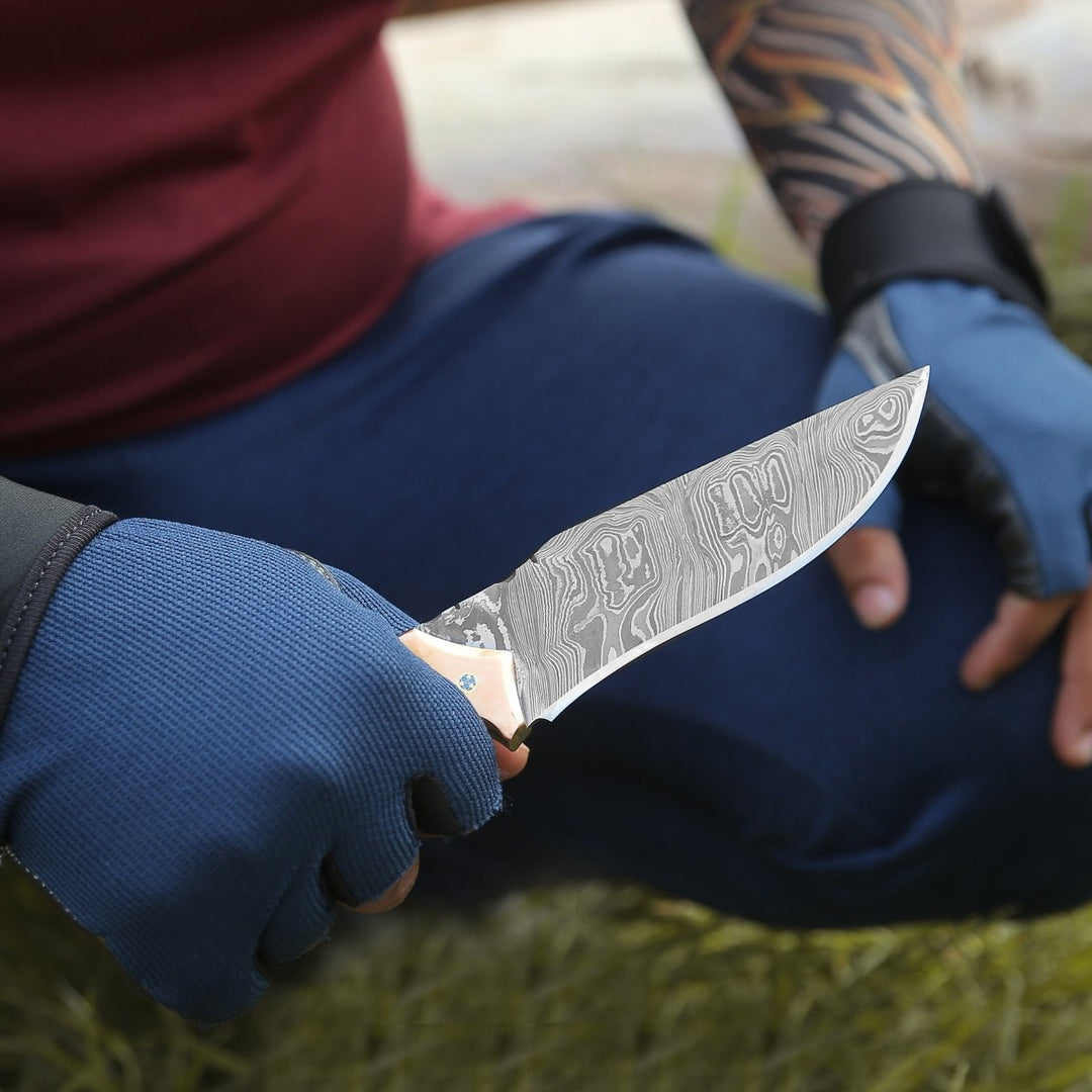 Reaper Knife Handle - Reaper Damascus Hunting Knife with Mother of Pearl, Exotic Rose Wood and Copper Handle - Shokunin USA