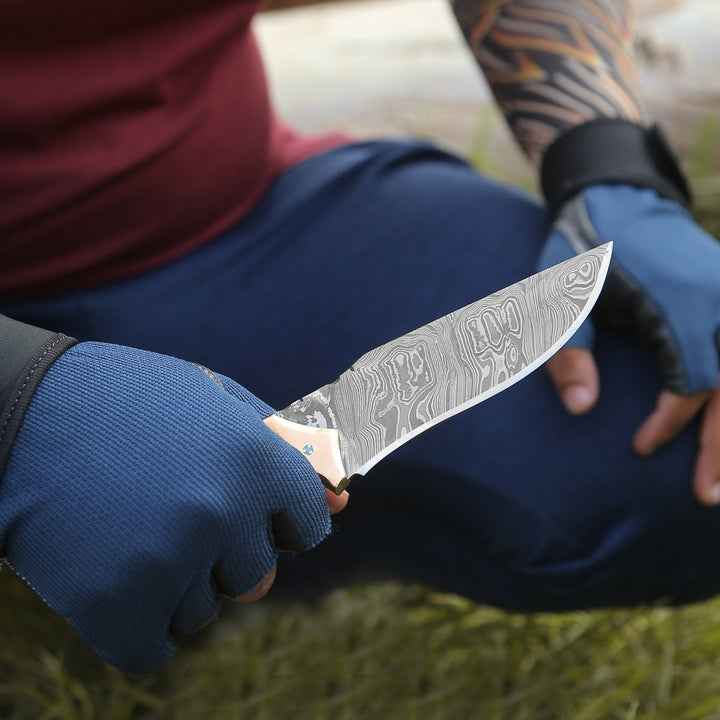 Reaper Knife Handle - Reaper Damascus Hunting Knife with Mother of Pearl, Exotic Rose Wood and Copper Handle - Shokunin USA