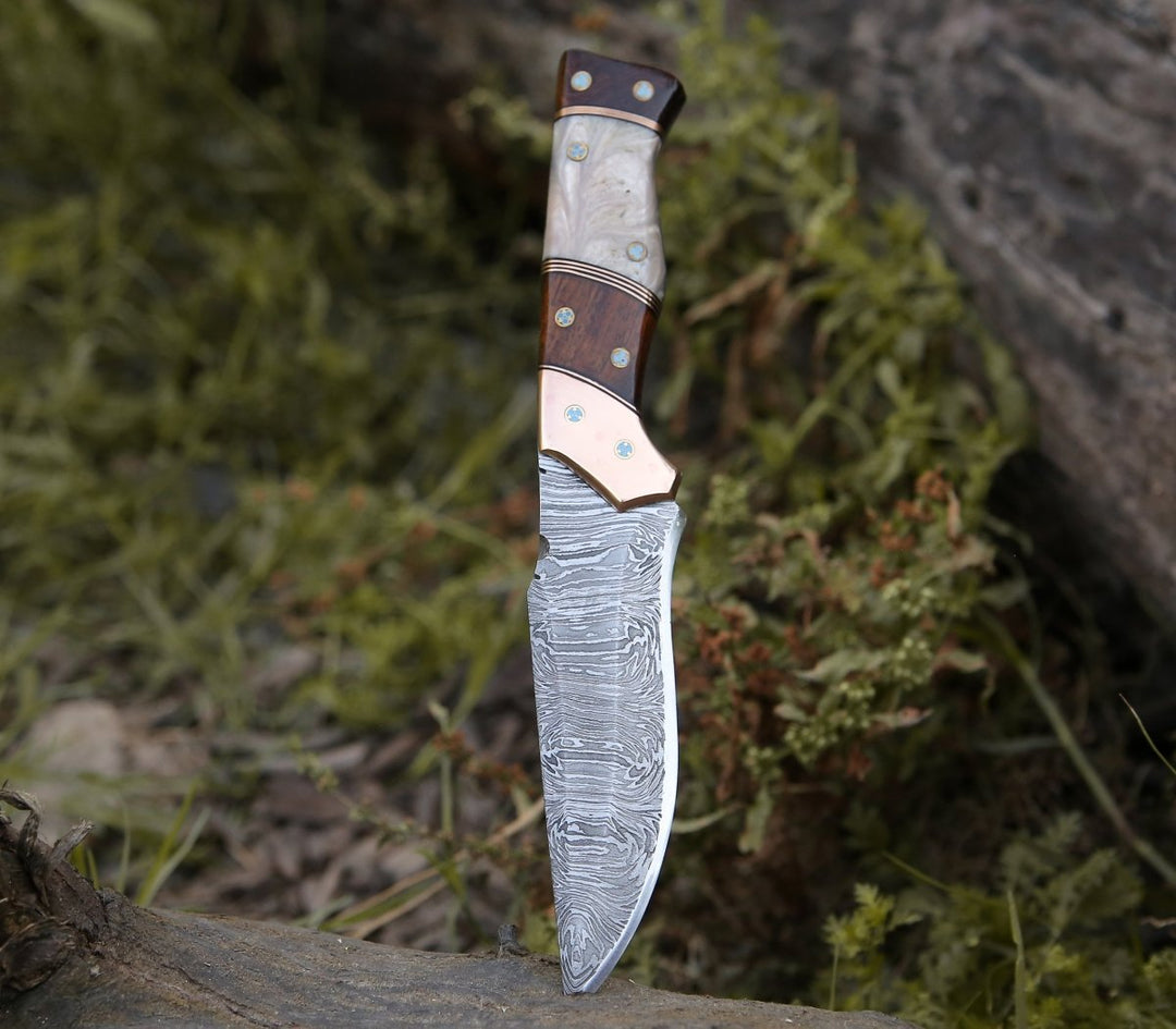 Reaper Damascus knives - Reaper Damascus Hunting Knife with Mother of Pearl, Exotic Rose Wood and Copper Handle - Shokunin USA