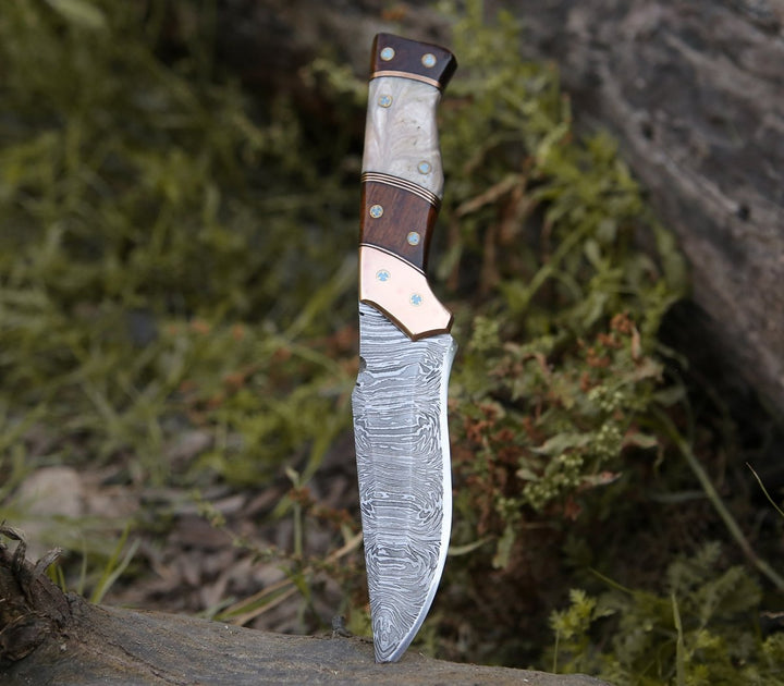 Reaper Damascus knives - Reaper Damascus Hunting Knife with Mother of Pearl, Exotic Rose Wood and Copper Handle - Shokunin USA