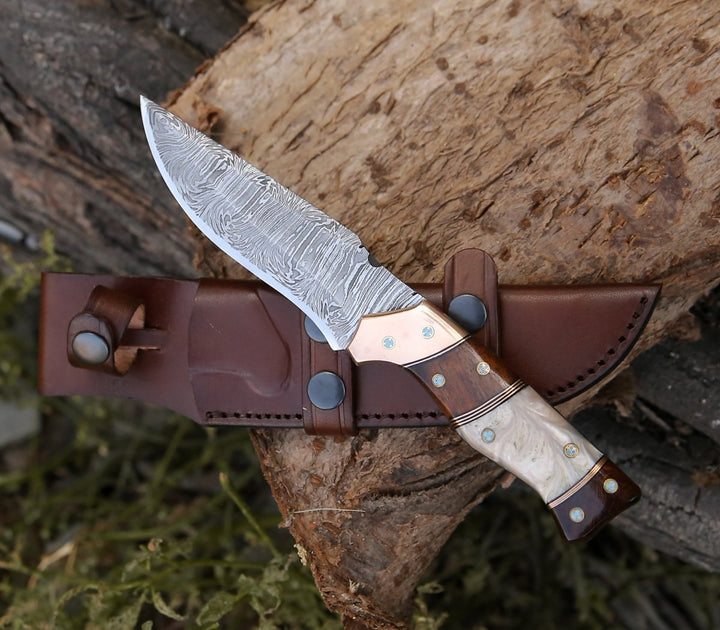 Reaper Hunting Handle - Reaper Damascus Hunting Knife with Mother of Pearl, Exotic Rose Wood and - Shokunin USA