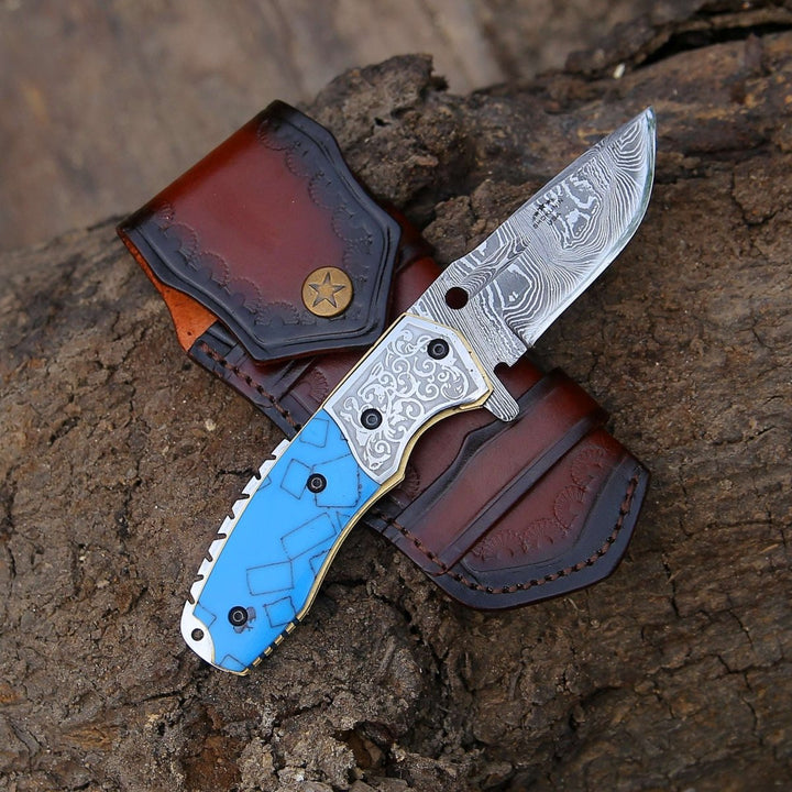 folding damascus knife - Reckoner Damascus Folding Knife with Turquoise Resin Handle - Shokunin USA