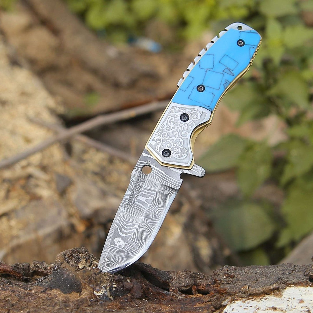 steel pocket knife - Reckoner Damascus Folding Knife with Turquoise Resin Handle - Shokunin USA