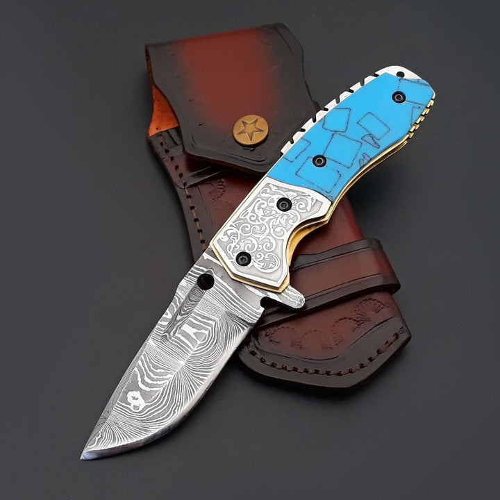 turquoise pocket knife - Reckoner Damascus Folding Knife with Turquoise Resin Handle - Shokunin USA
