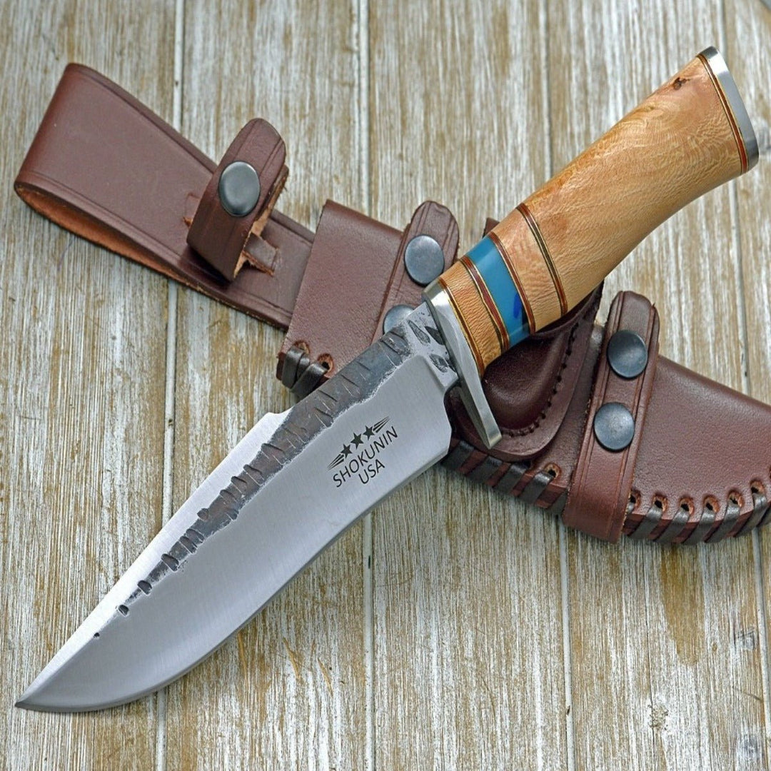 Reign Damascus Bowie Knife with Exotic Leopard Wood Handle - Shokunin USA