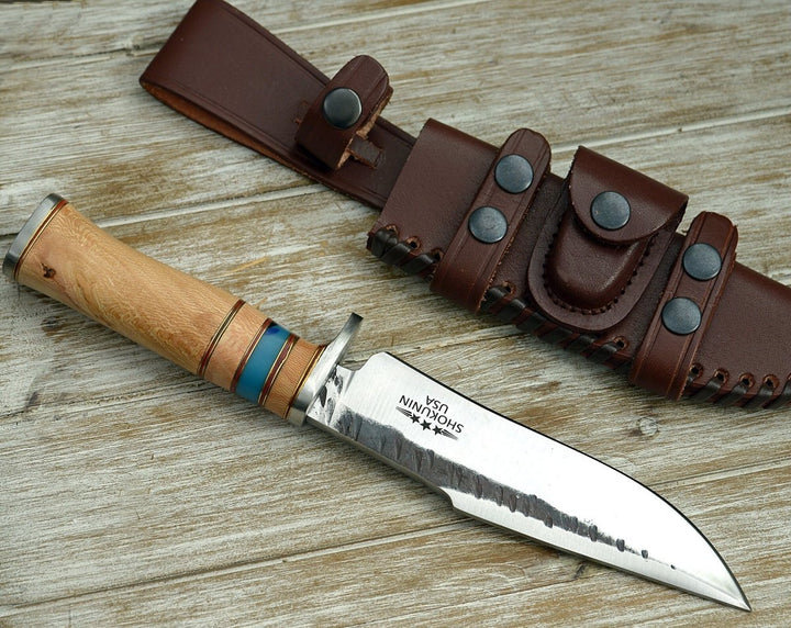 Reign Bowie knives - Reign Damascus Bowie Knife with Exotic Leopard Wood Handle - Shokunin USA