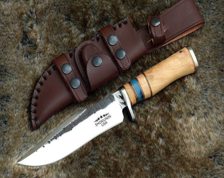 Reign Bowie Handle - Reign Damascus Bowie Knife with Exotic Leopard Wood Handle - Shokunin USA