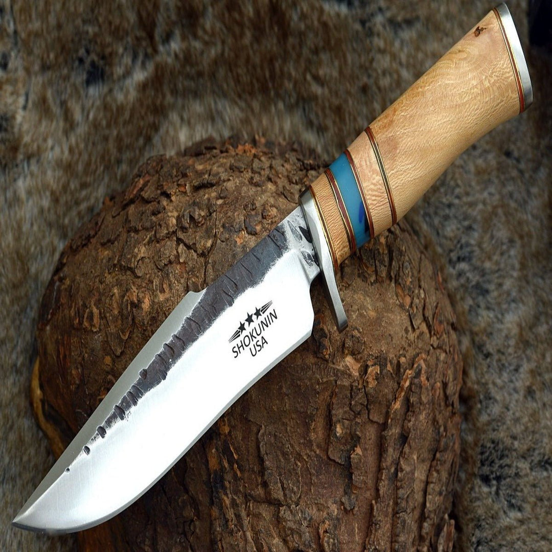 Reign Damascus Knife - Reign Damascus Bowie Knife with Exotic Leopard Wood Handle - Shokunin USA