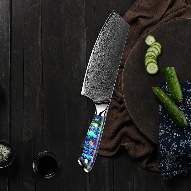 Ronin Damascus knives - Ronin VG10 Damascus Cleaver Knife with Exotic Abalone Shell Composite Handle - Shokunin USA