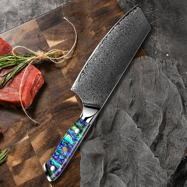 Ronin Damascus Cleaver - Ronin VG10 Damascus Cleaver Knife with Exotic Abalone Shell Composite Handle - Shokunin USA