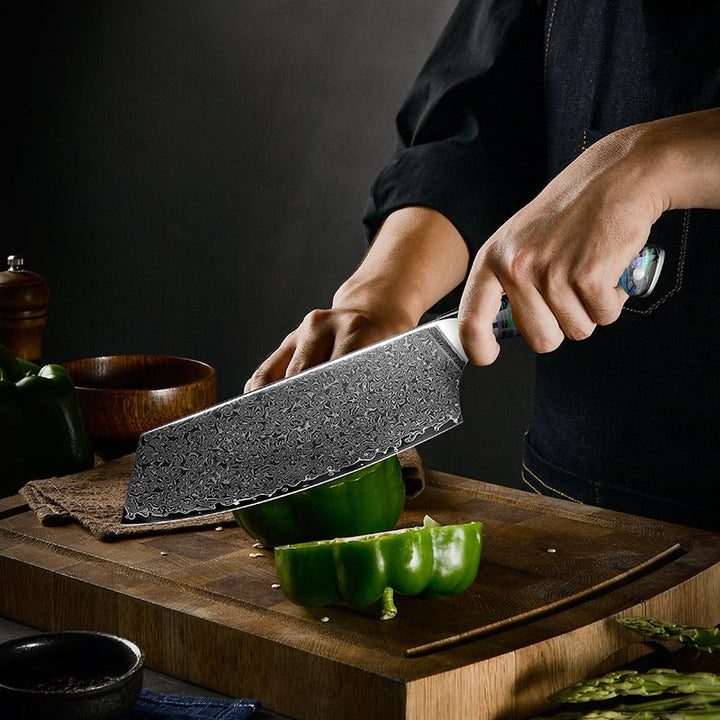 Ronin Damascus Knife - Ronin VG10 Damascus Cleaver Knife with Exotic Abalone Shell Composite Handle - Shokunin USA