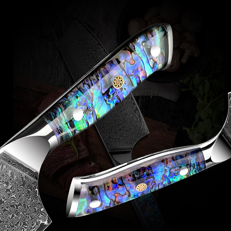 Ronin VG10 Santoku - Ronin VG10 Damascus Cleaver Knife with Exotic Abalone Shell Composite Handle - Shokunin USA