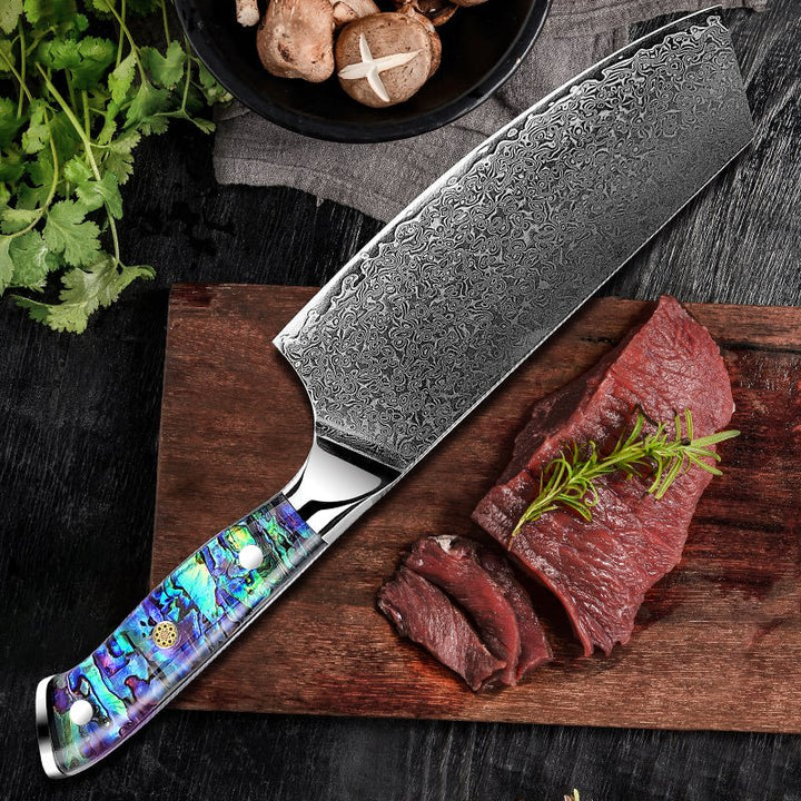 Ronin Damascus Santoku - Ronin VG10 Damascus Cleaver Knife with Exotic Abalone Shell Composite Handle - Shokunin USA