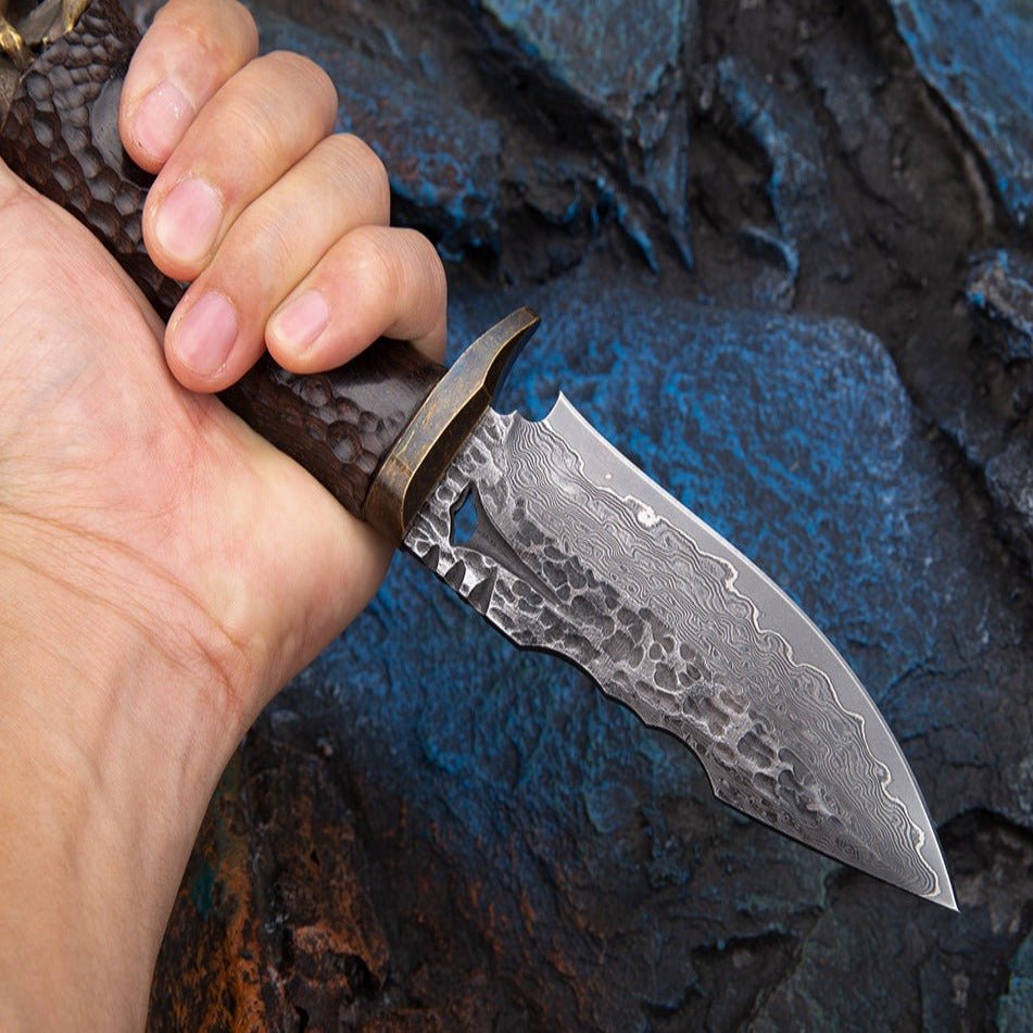 Savage Damascus Knife - Savage VG10 Damascus Hunting Knife with Exotic Ebony Wood Handle - Shokunin USA