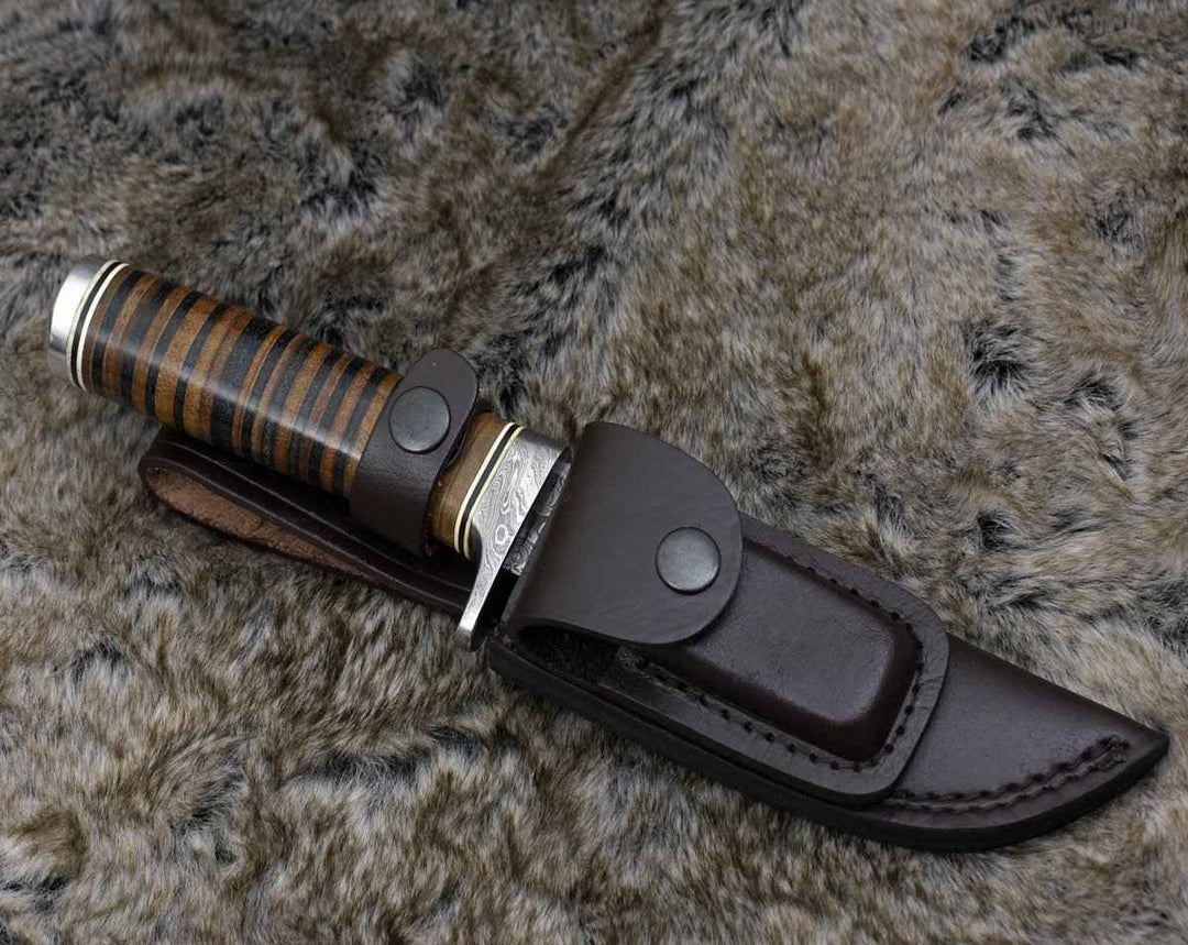 Serenity Damascus Bowie - Serenity Damascus Hunting Knife with Stacked Leather Handle - Shokunin USA
