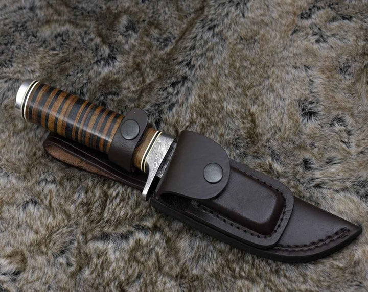 Serenity Damascus Bowie - Serenity Damascus Hunting Knife with Stacked Leather Handle - Shokunin USA