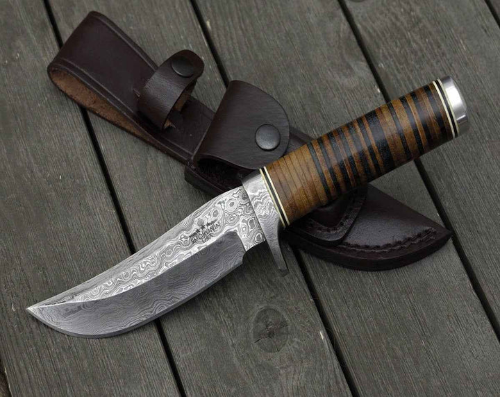 Serenity Damascus Leather - Serenity Damascus Hunting Knife with Stacked Leather Handle - Shokunin USA