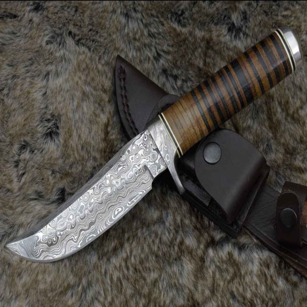 Serenity Bowie Knife - Serenity Damascus Hunting Knife with Stacked Leather Handle - Shokunin USA