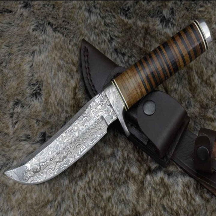 Serenity Damascus Knife - Serenity Damascus Hunting Knife with Stacked Leather Handle - Shokunin USA