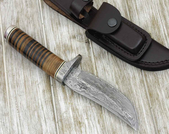 Serenity Damascus knives - Serenity Damascus Hunting Knife with Stacked Leather Handle - Shokunin USA