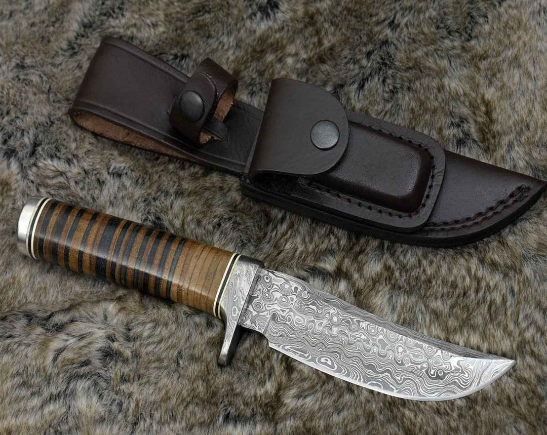 Serenity Damascus Handle - Serenity Damascus Hunting Knife with Stacked Leather Handle - Shokunin USA