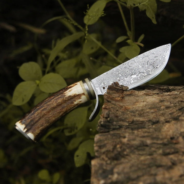 Serpent Damascus knives - Serpent Damascus Hunting Knife with Antler Handle - Shokunin USA