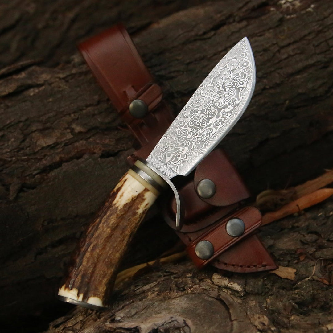 Serpent Hunting Handle - Serpent Damascus Hunting Knife with Antler Handle - Shokunin USA